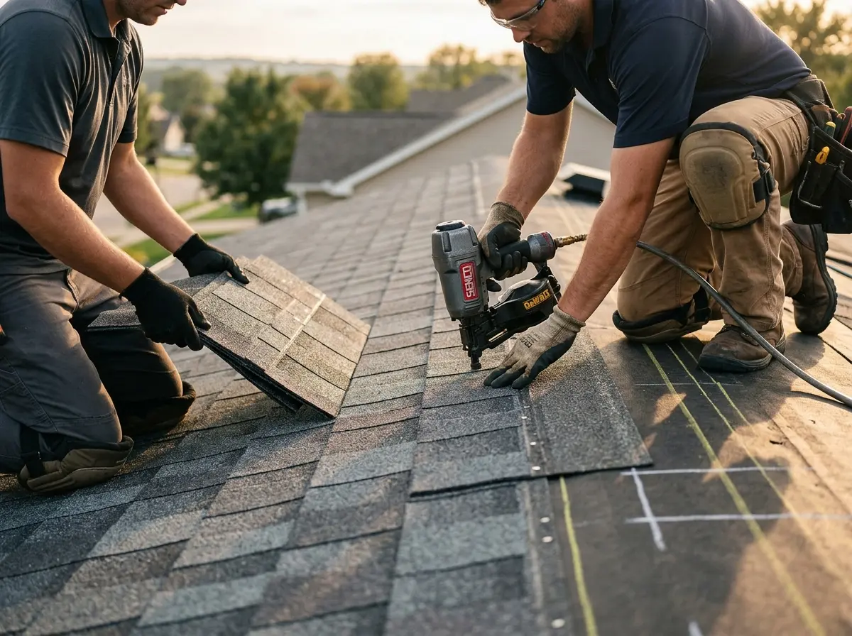 Professional roofer working on a residential roof in Mahomet